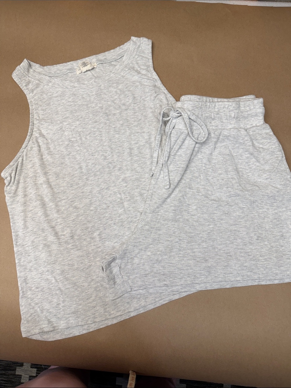 Light Heather Gray Ribbed Tank & Drawstring Short Sleep Set